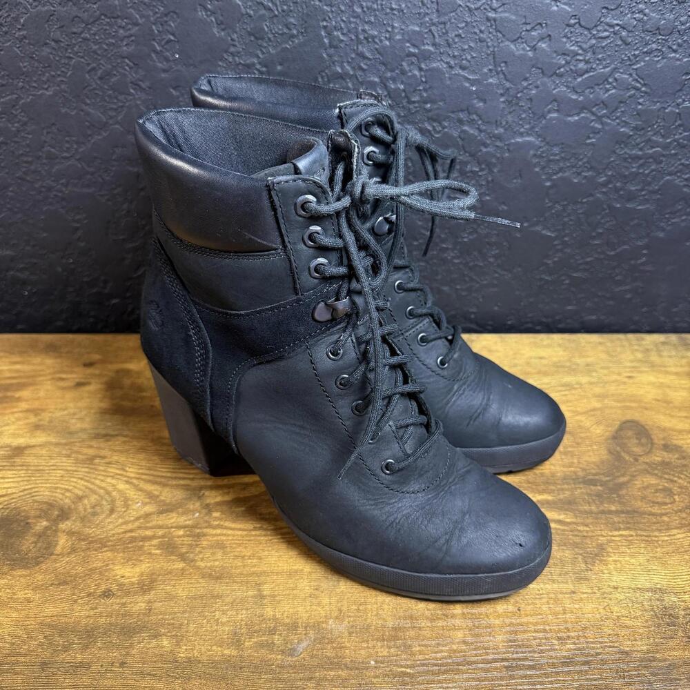 Timberland‎ Glancy A1KD4 Black Leather Suede Lace Up Heel Boot Womens 8.5